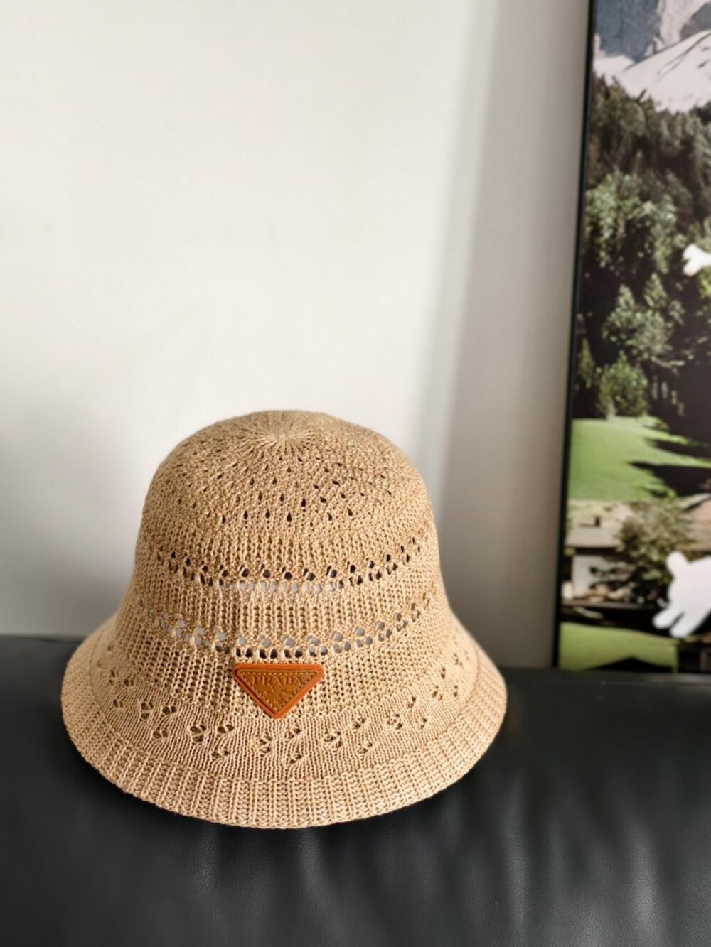 Prada Open Knit Bucket Hat with Triangle Logo Patch